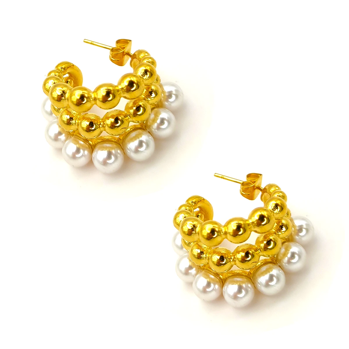 Aretes Acero Dorado Triple Arracada Perlas Balines 28 mm