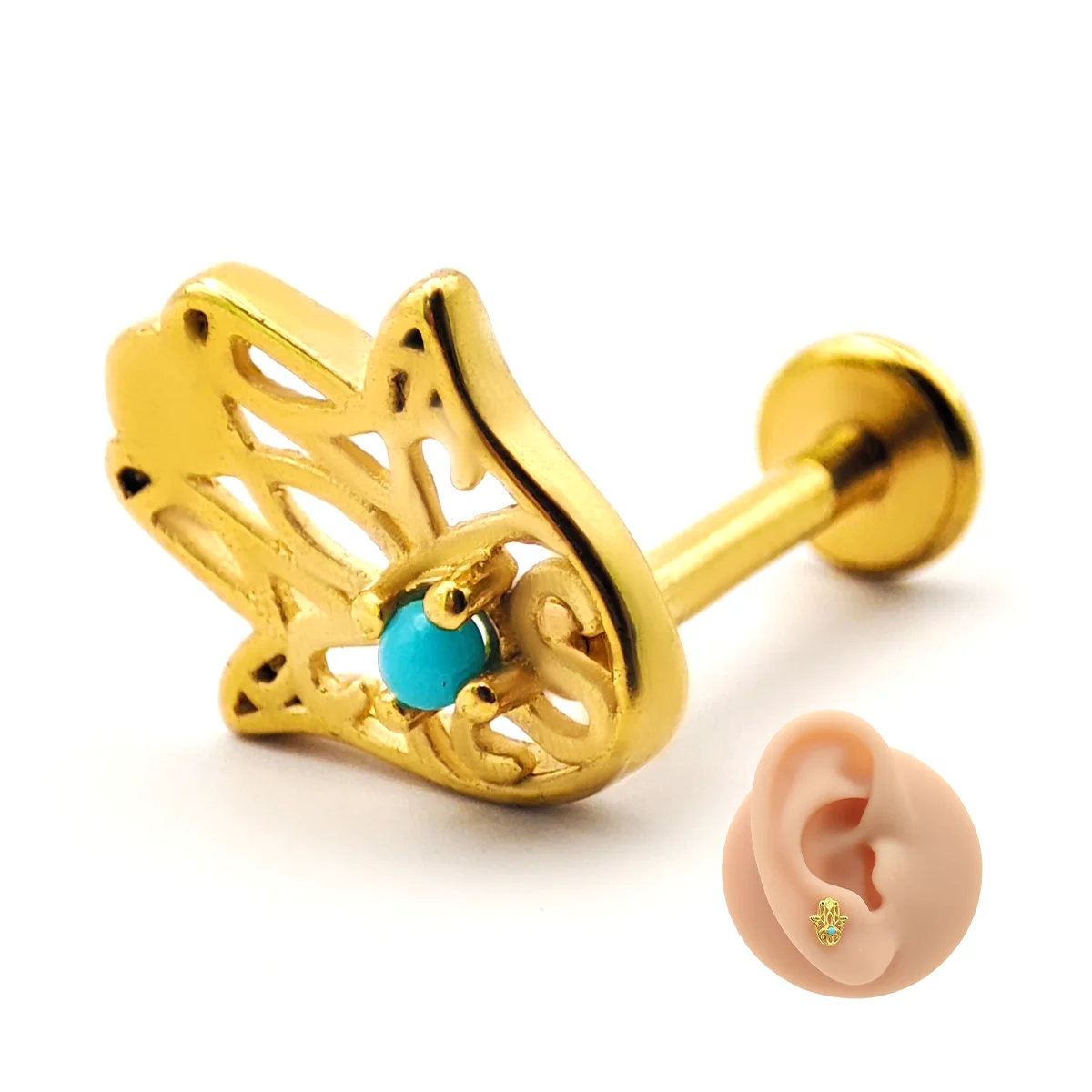 Piercing de Oreja Acero Mano de Fátima Piedra Turquesa