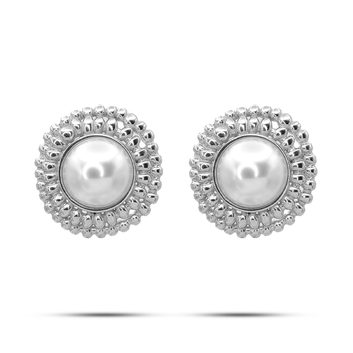 Aretes Acero Plateado Media Perla Contorno Ornamentado