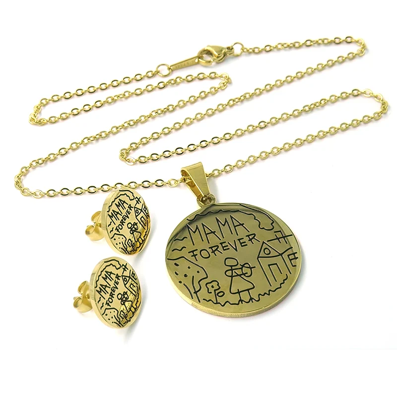 Set Joyería Acero Dorado Cadena Dije Aretes Mamá Forever