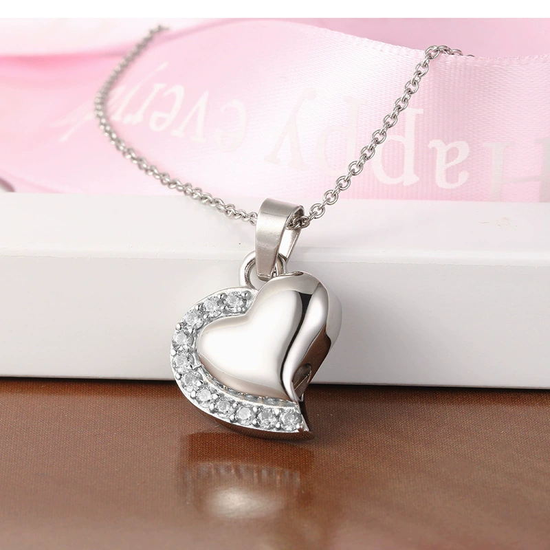 Collar Acero Plateado Urna Corazon Cristales Para Grabado