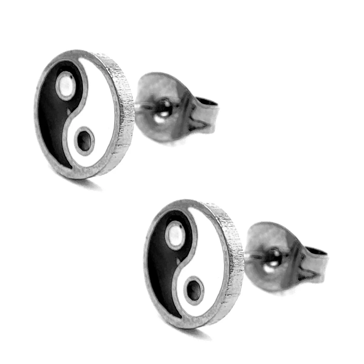 Aretes Acero Inoxidable Plateado Tipo Broquel Yin Yang