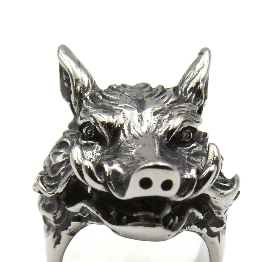 Anillo Acero Inoxidable Plateado Jabalí Animal Cerdo Salvaje