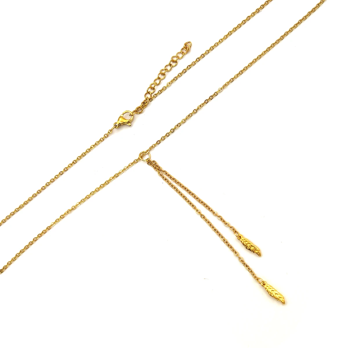 Collar Acero Dorado Corbatín Largo Cadena con Plumas
