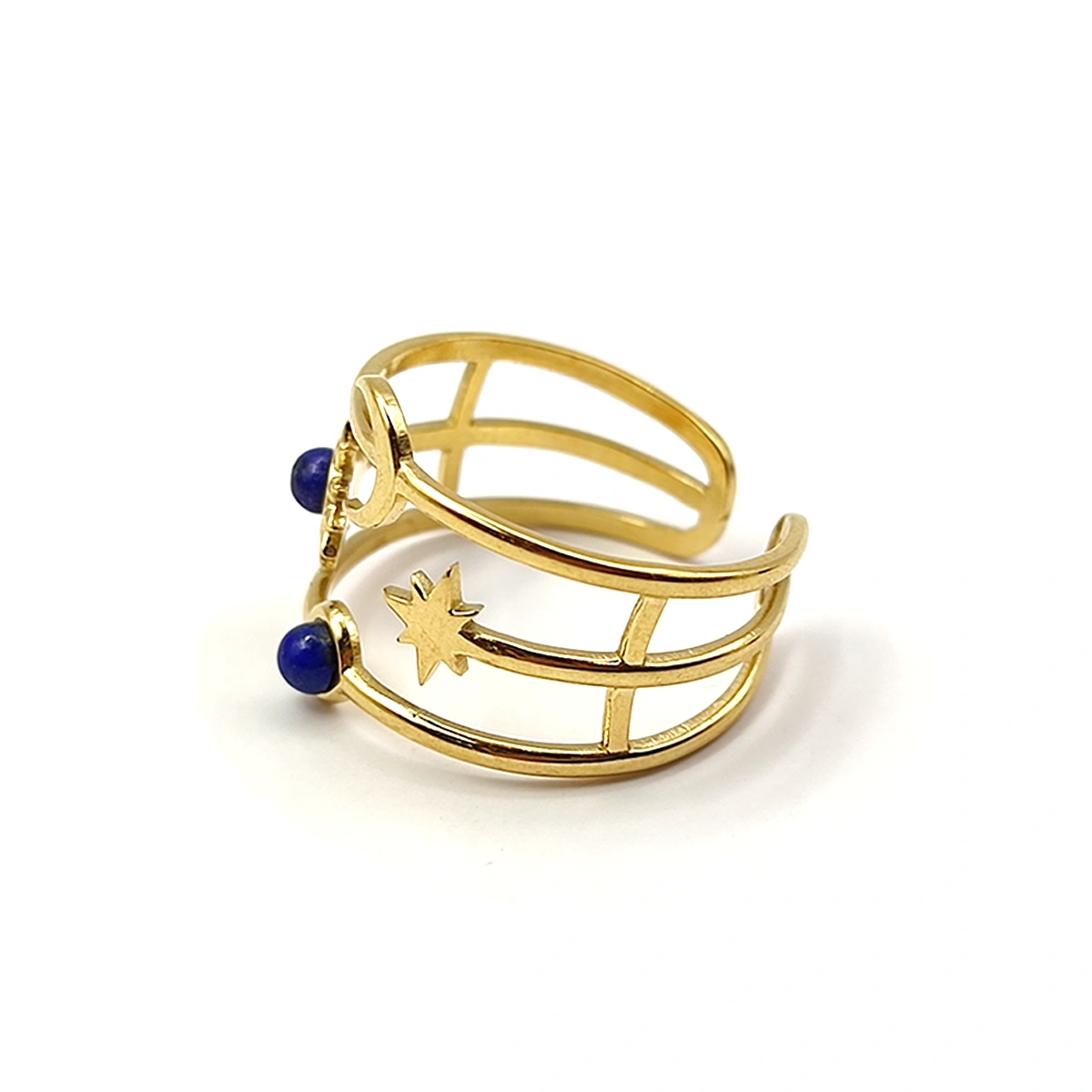 Anillo Acero Dorado Luna Sol Cielo Lapislazuli Ajustable