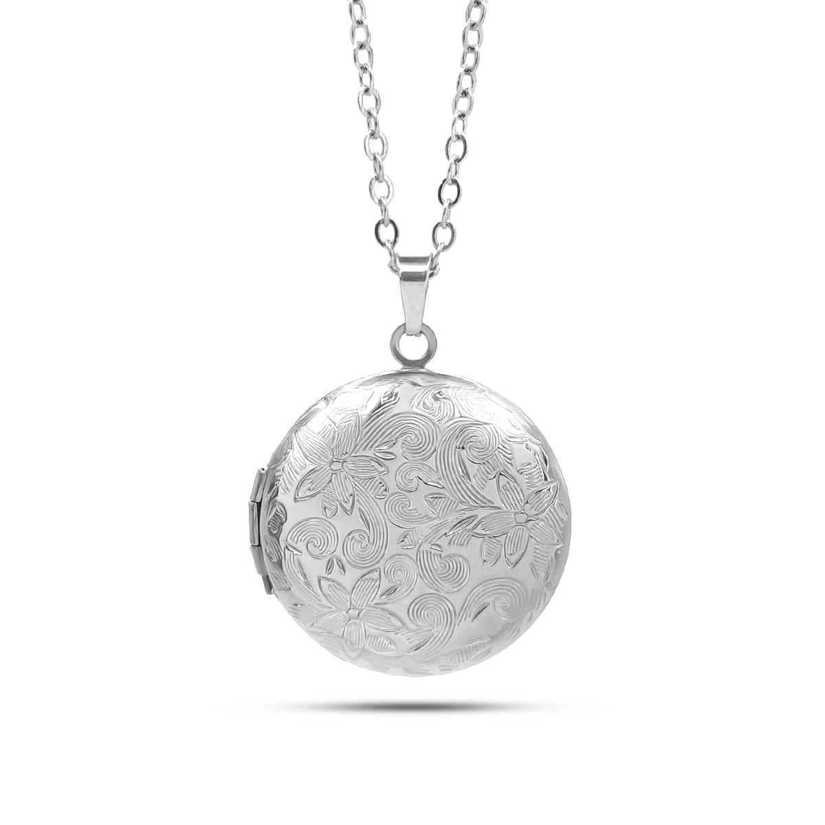 Collar Acero Relicario Circular Textura Flores Grabadas
