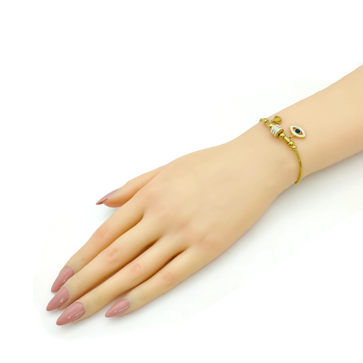 Pulsera Acero Dorado Cola de Rata Ojo Cristales