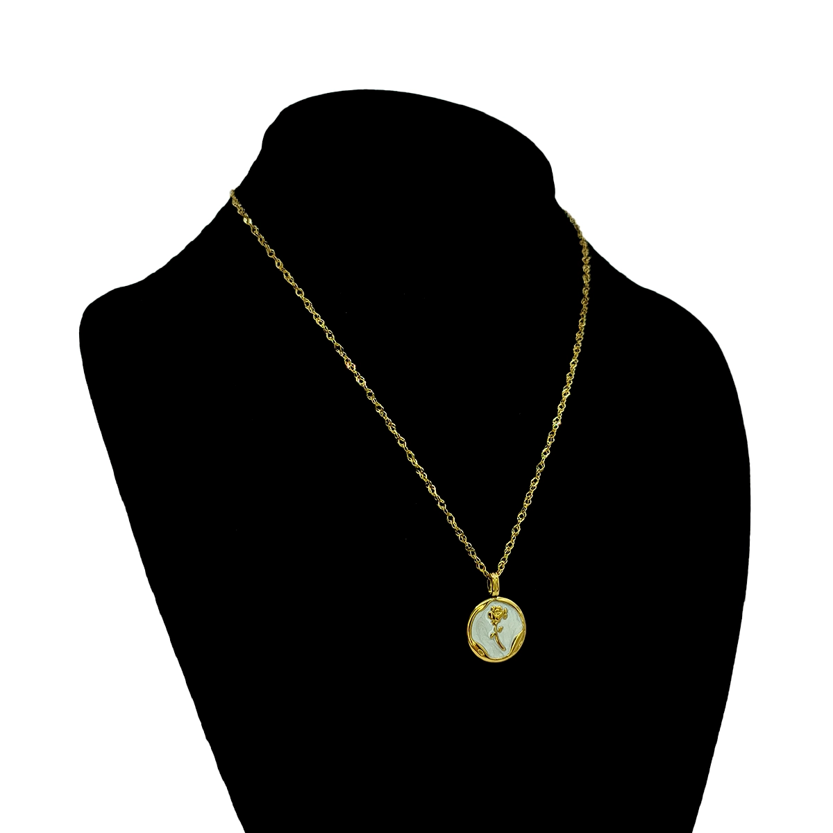 Collar Acero Dorado Medalla Sello Flor Rosa Resina Brillo