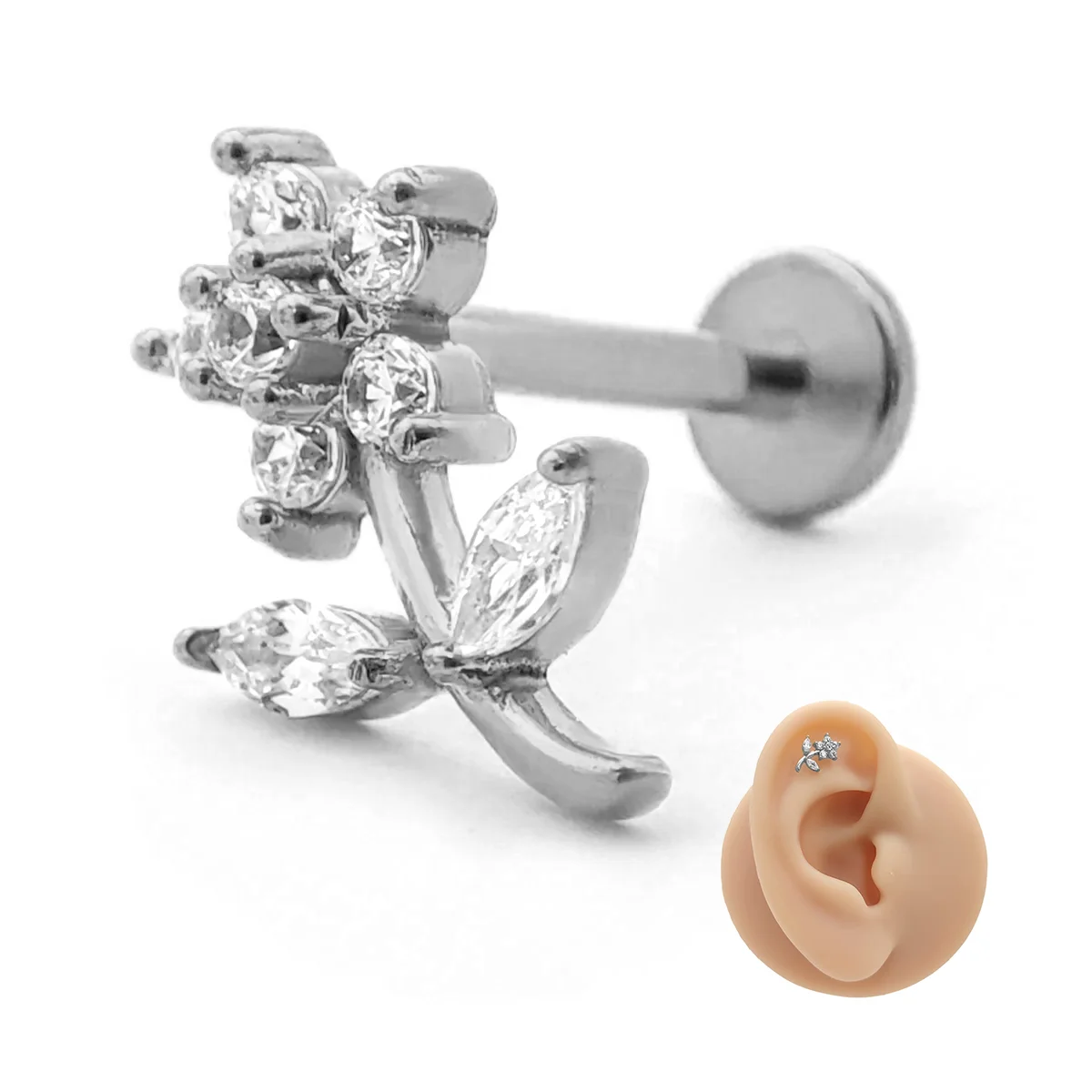 Piercing de Oreja Acero Flor de Zirconia con Tallo Curvo