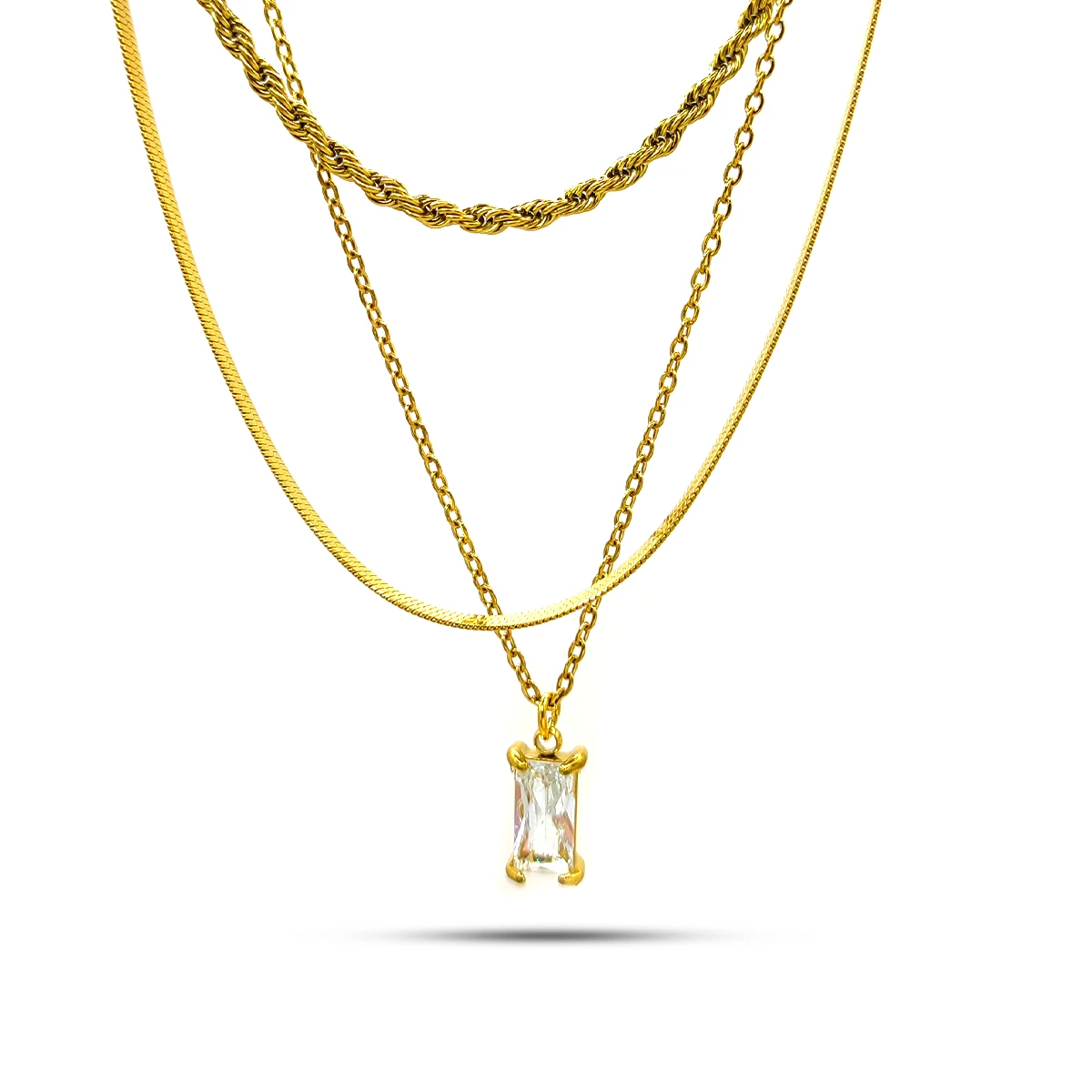 Collar Acero Dorado Triple Planchada Zirconia Rectangular
