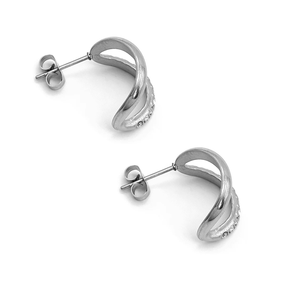 Aretes Acero Plateado Media Arracada Doble Cristales