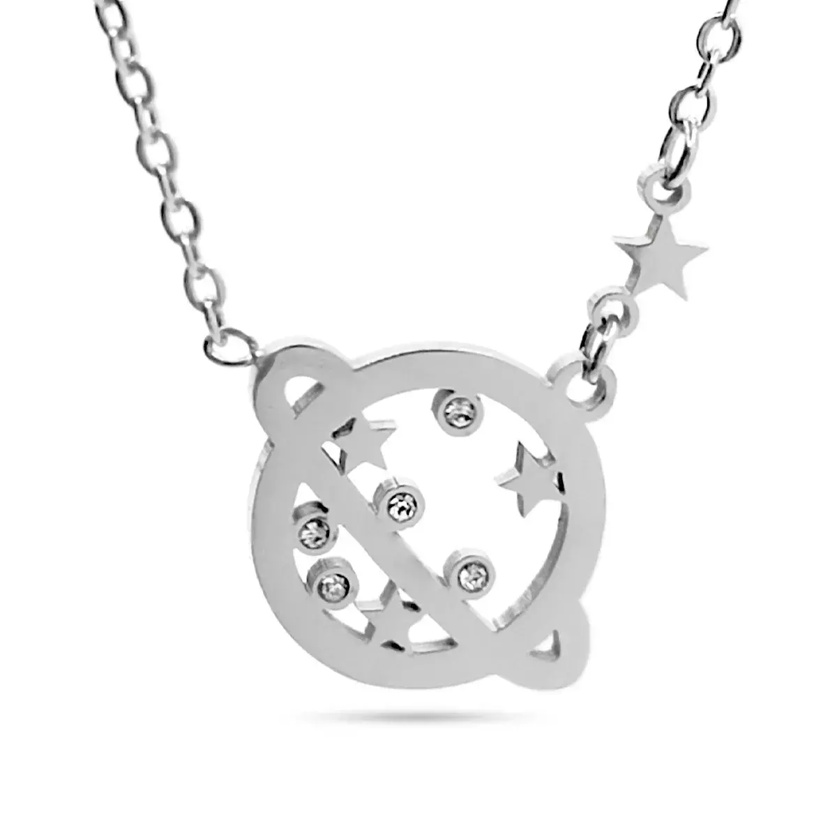 Collar Acero Plateado Planeta Saturno Estrellas Zirconia