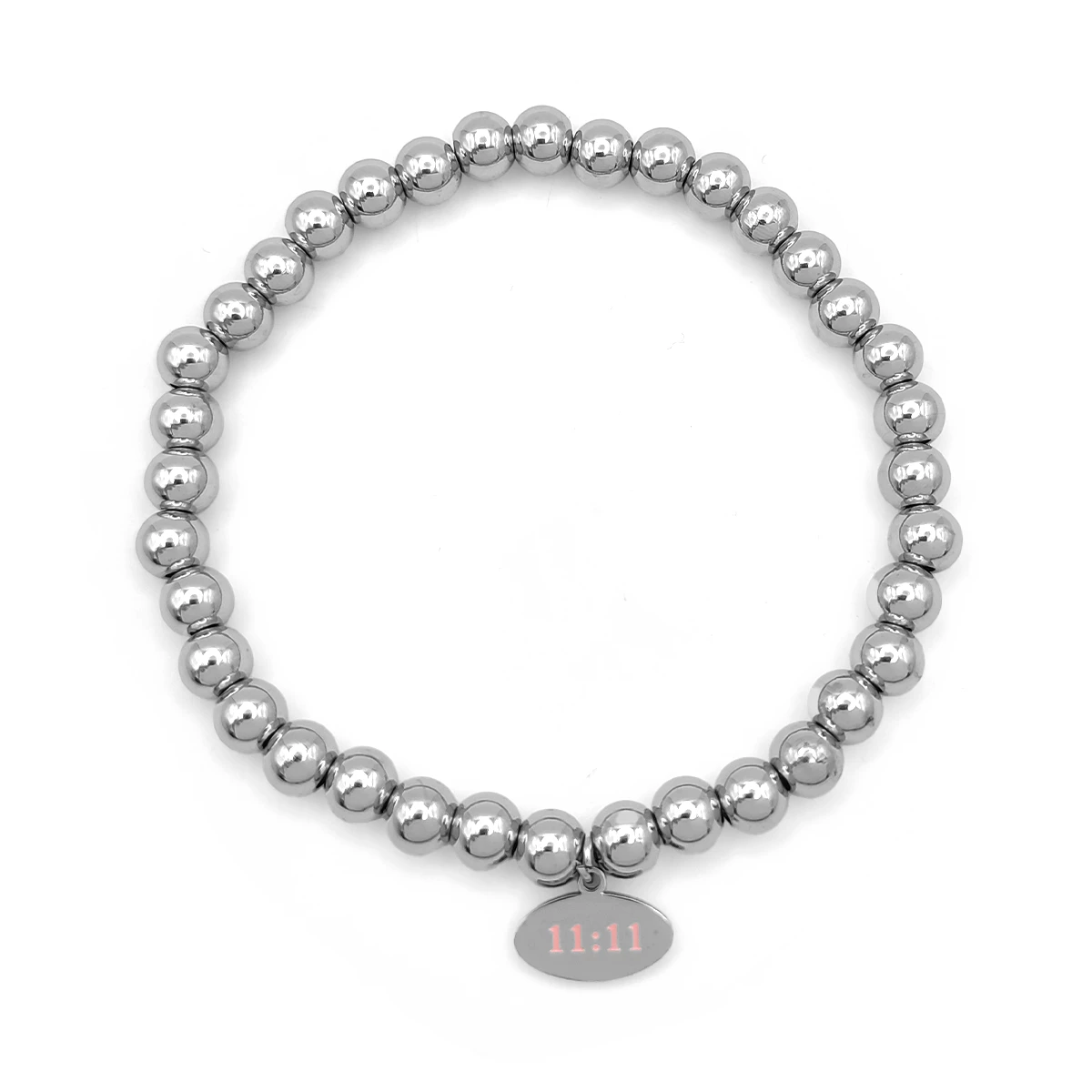 Pulsera Acero Plateado Balines 6 mm Tag Oval 11:11 Rosa