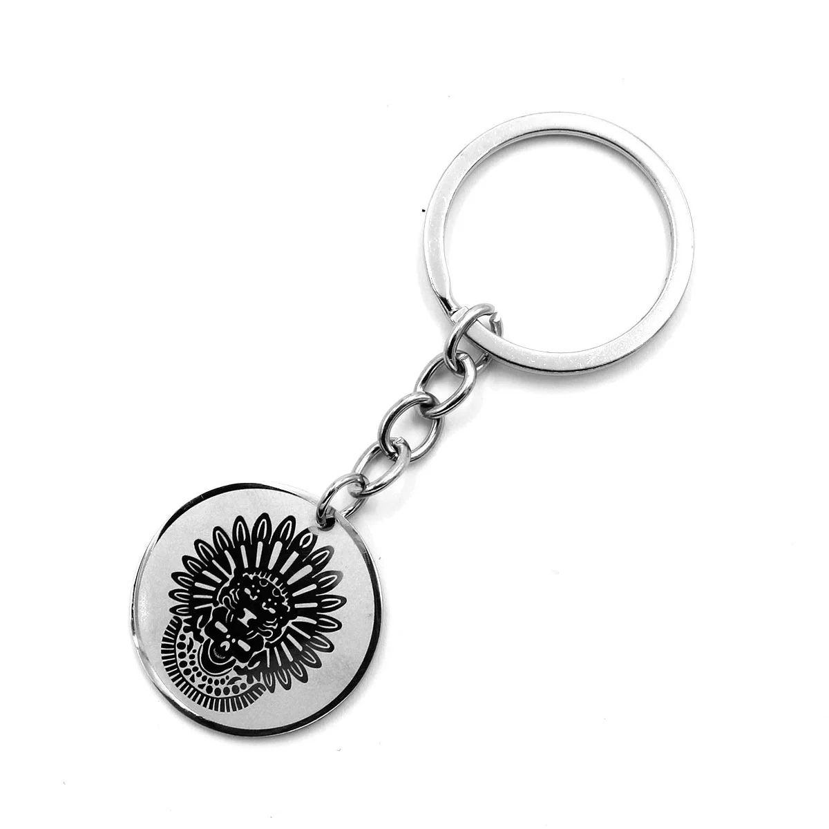Llavero Acero Inox Plateado Calavera Penacho Azteca