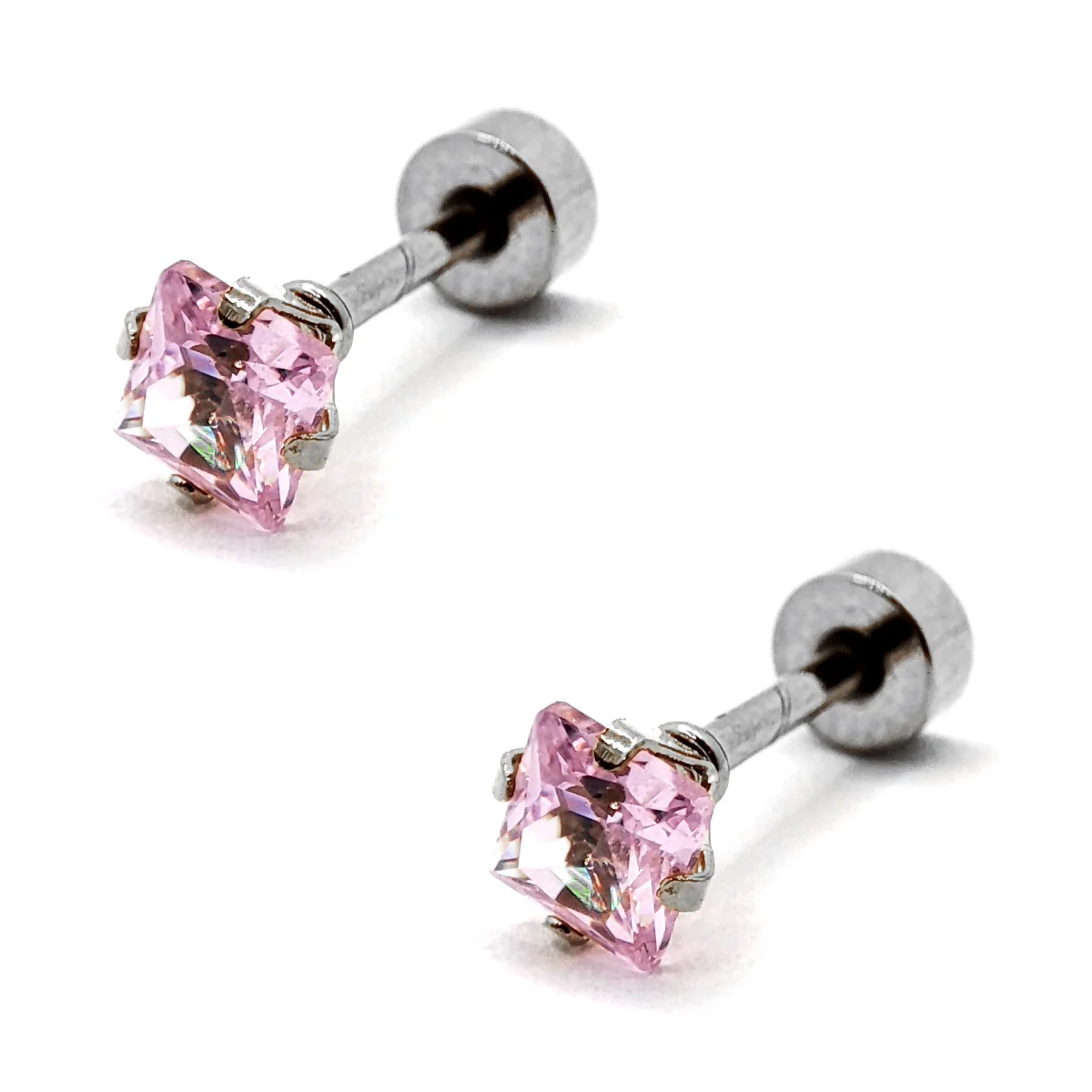 Aretes Acero Inox Plateado Tipo Broquel Cuadrado Rosa