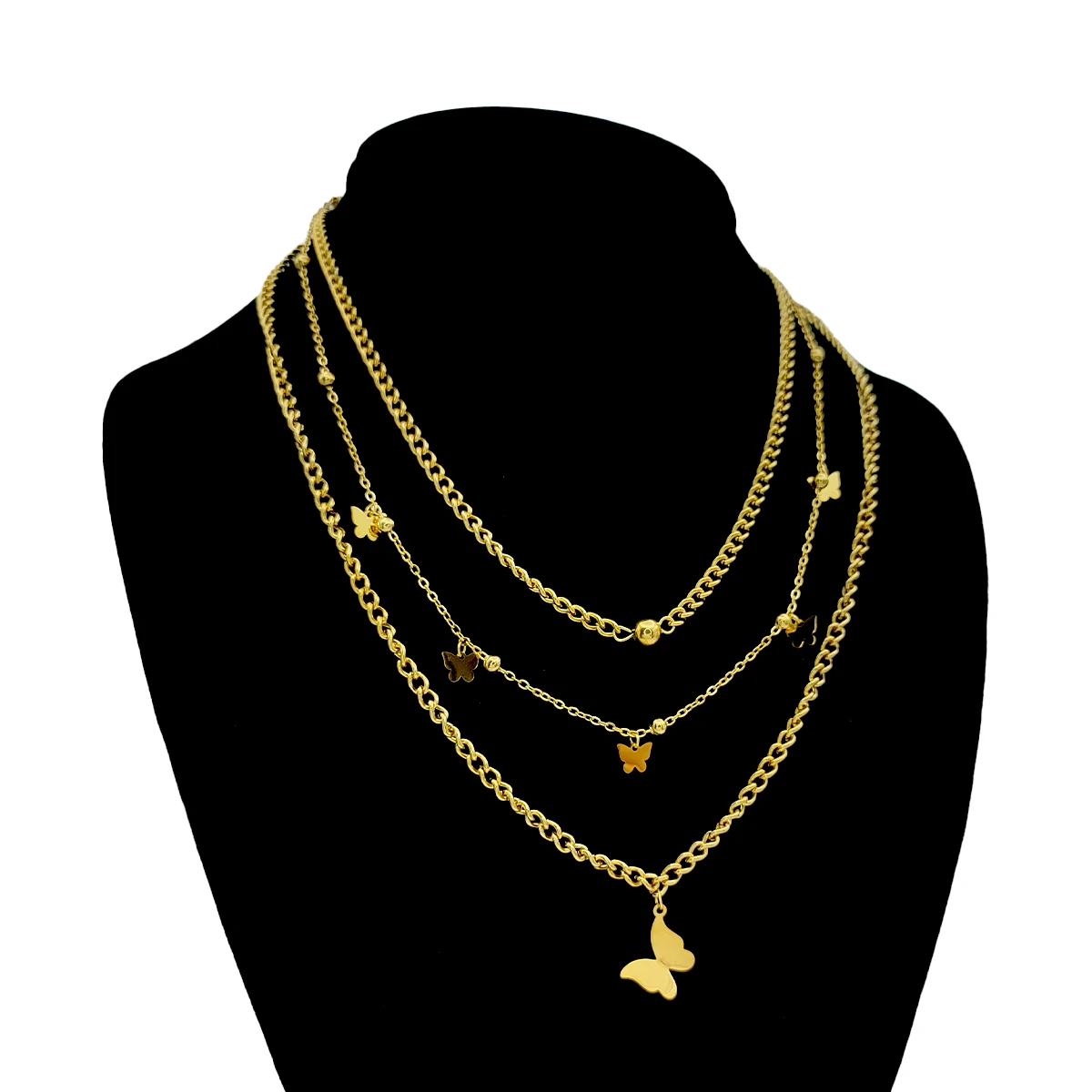 Collar Acero Dorado Cadena Triple Colgantes Mariposas