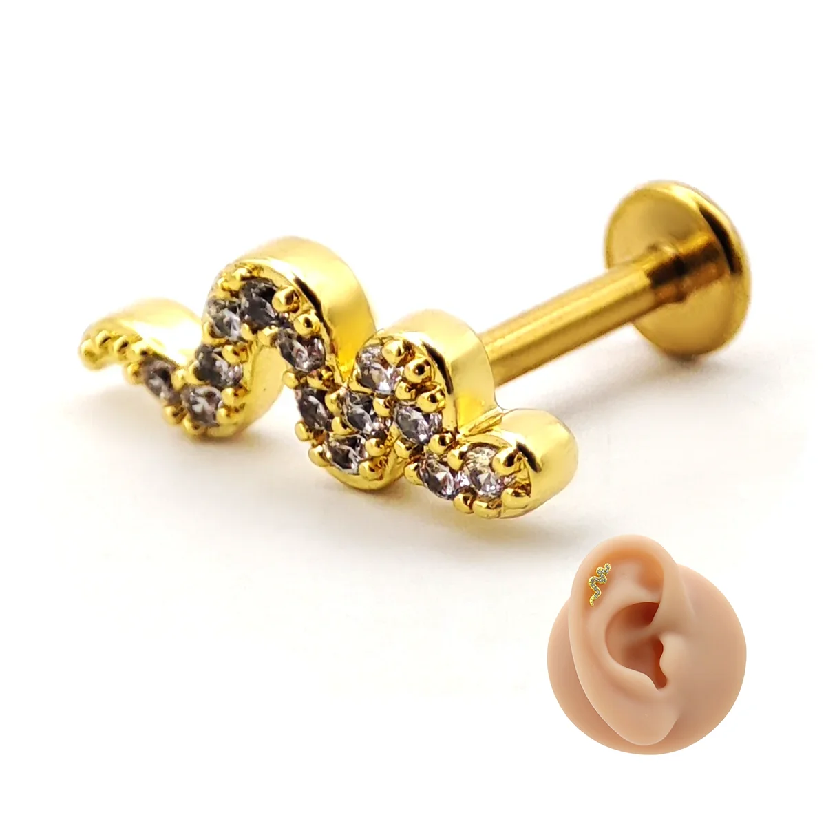 Piercing de Oreja Acero Serpiente Víbora Cristales Claros