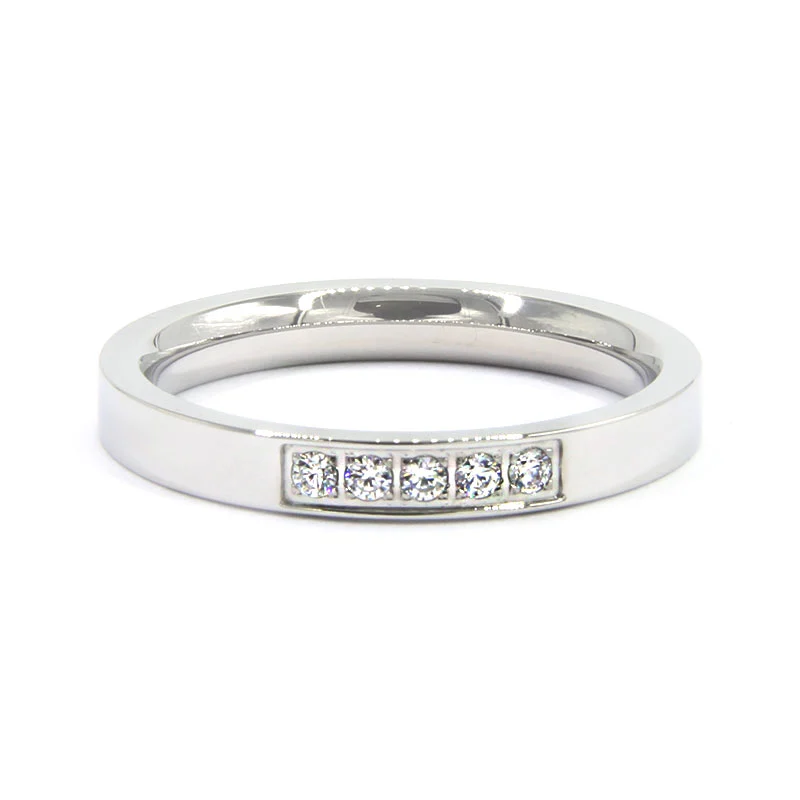Anillo Acero Inox Argolla Plateado 5 Cristales Claros 3mm