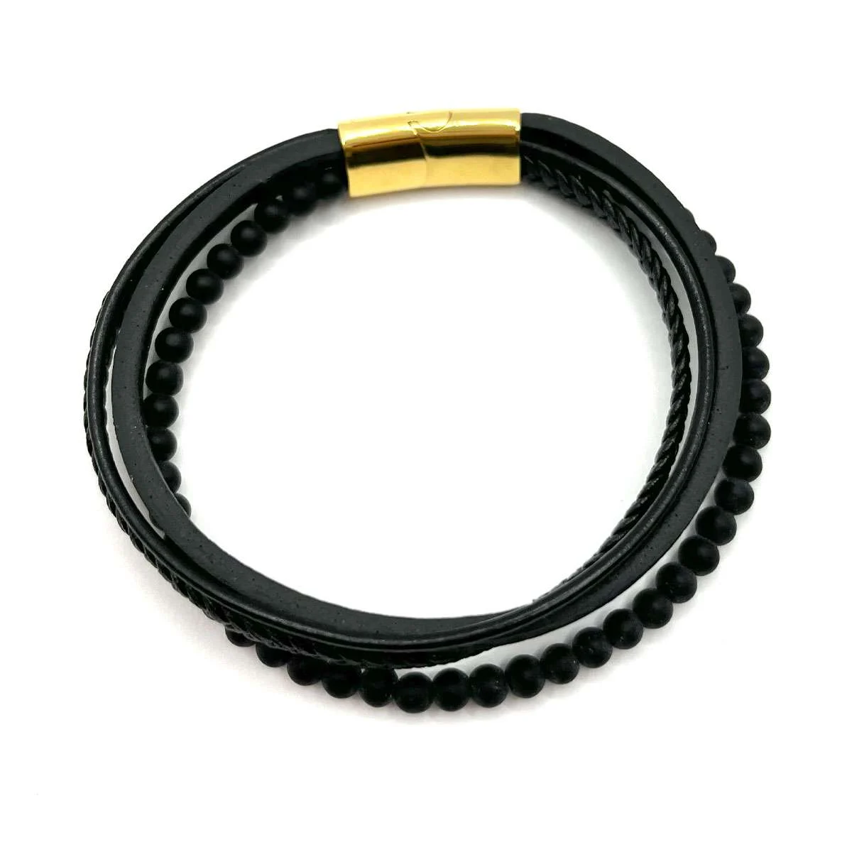 Pulsera Acero Dorado Hombre Caucho Y Piel Cuádruple Negro