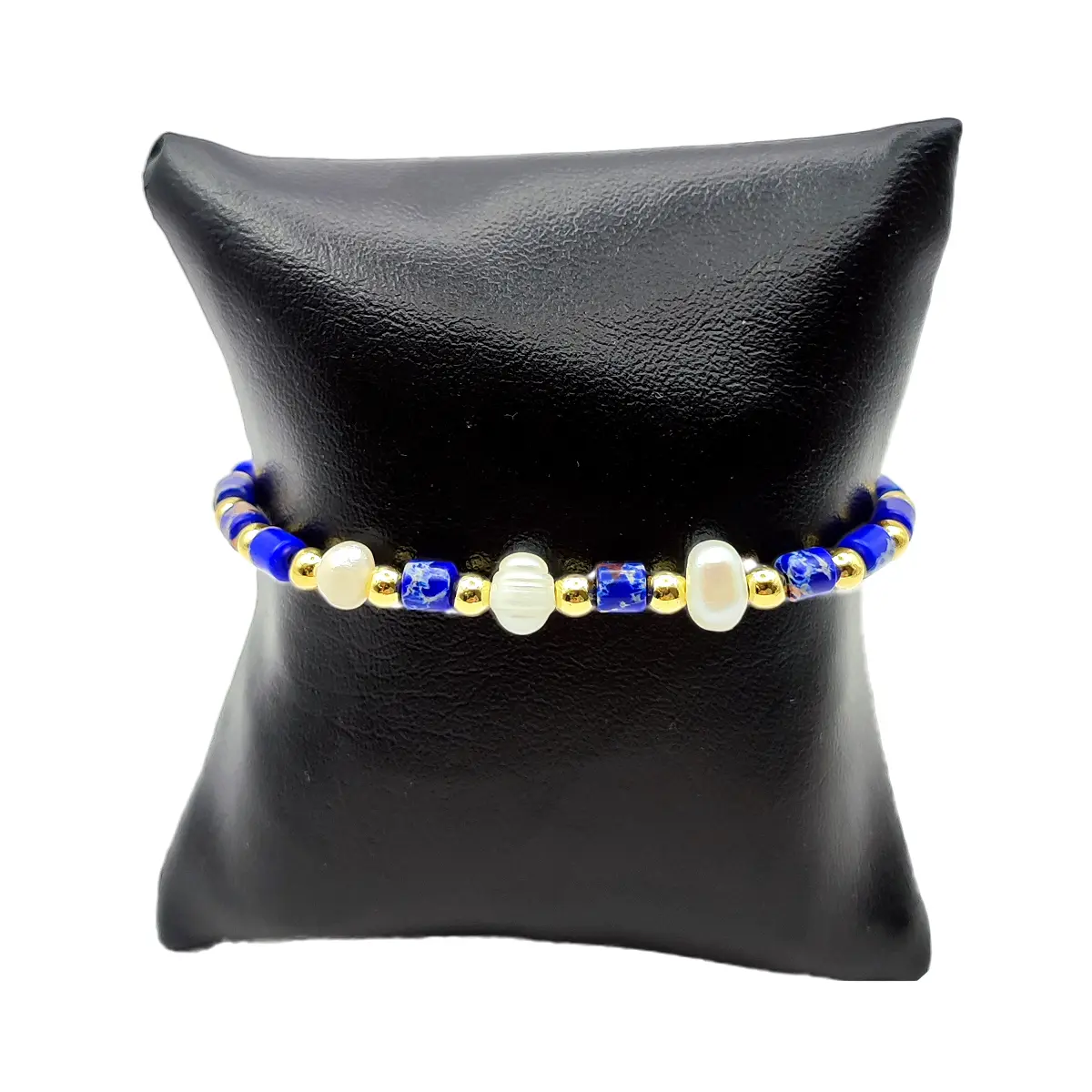 Pulsera Acero Inox Dorado Piedra Sodalita Perla de Río