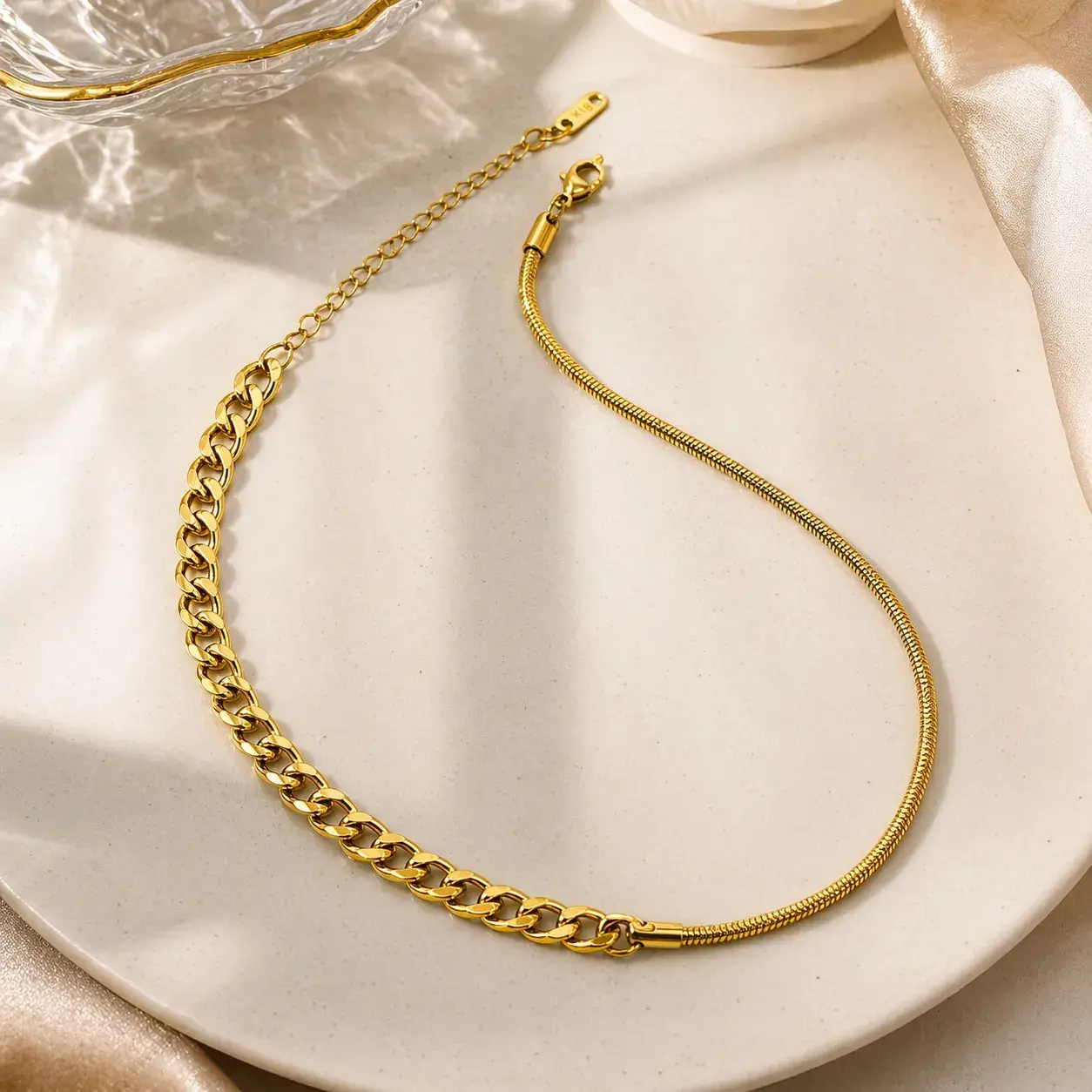 Cadena Acero Dorado Dividida Cola de Rata y Cubana
