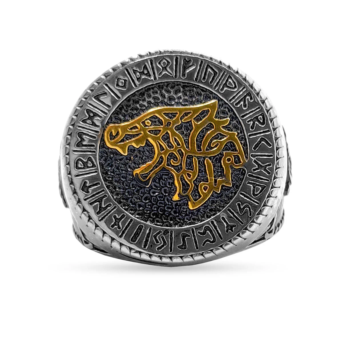 Anillo Acero Inox Bicolor Lobo Vegvisir Runas Vikingas