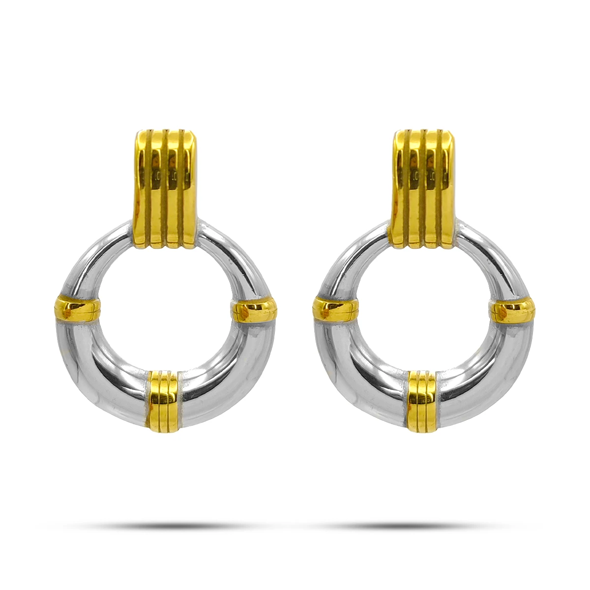 Aretes Acero Inox Bicolor Circulo Hueco Textura Lineas
