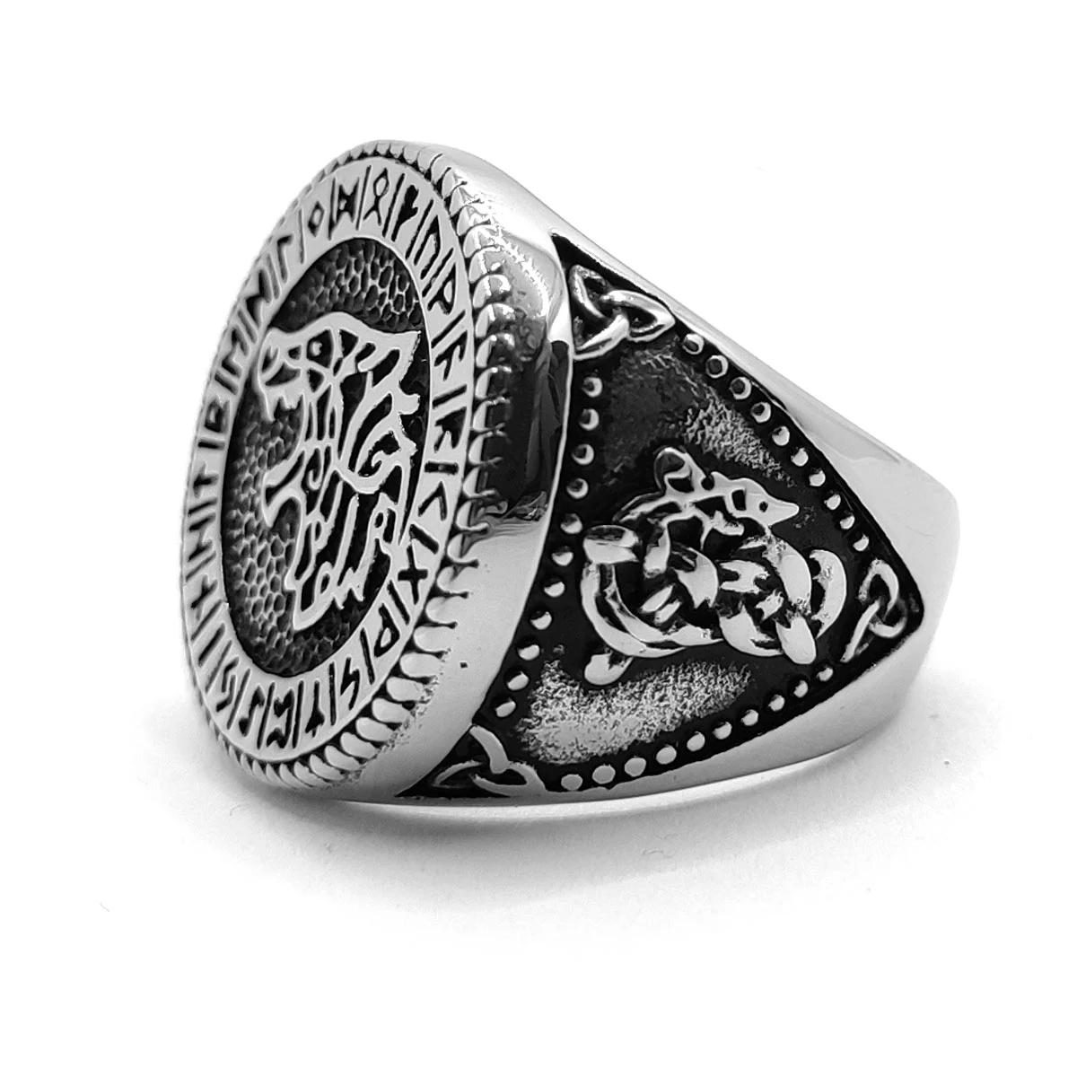 Anillo Acero Inox Plateado Lobo Vegvisir Runas Vikingas