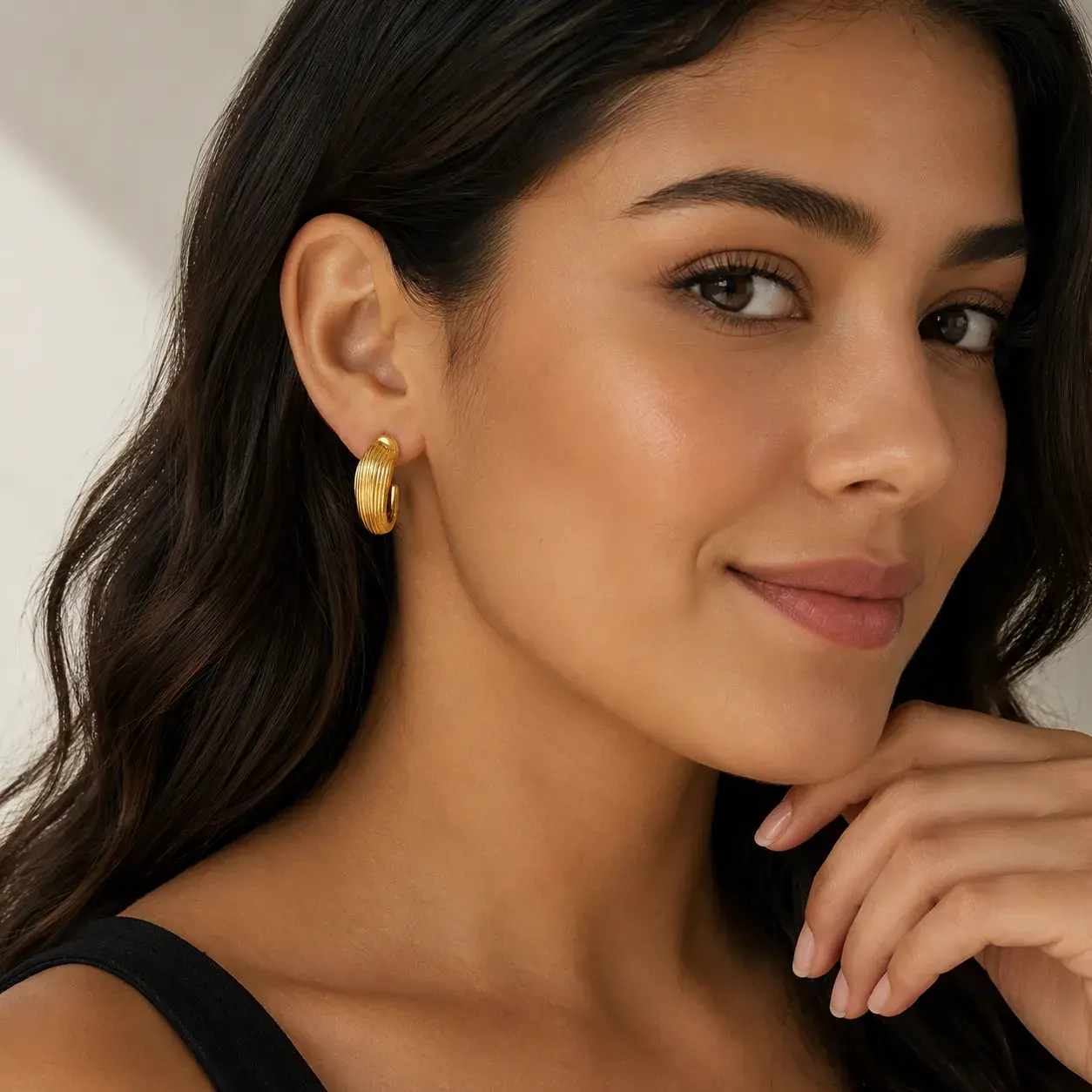 Aretes Acero Media Arracada Forma Gota Acanalada
