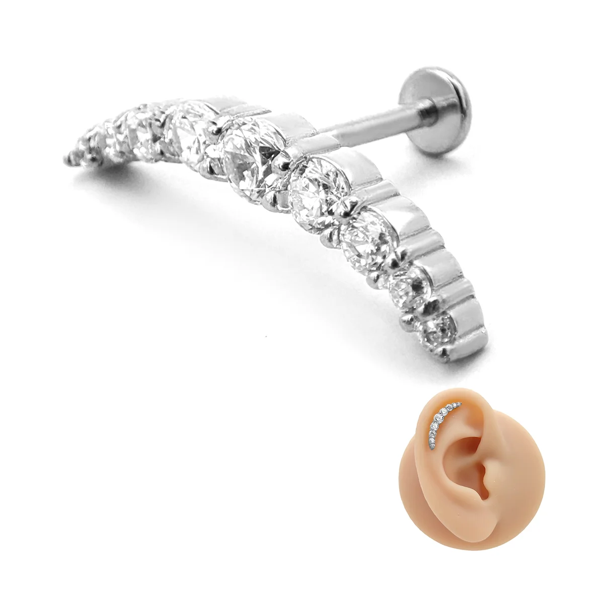 Piercing de Oreja Acero Curvo Luna Trepador Zirconia
