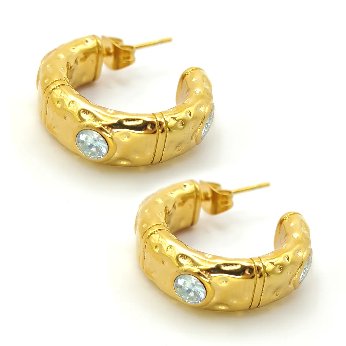 Aretes Acero Dorado Arracadas Bambú Martillado Cristales