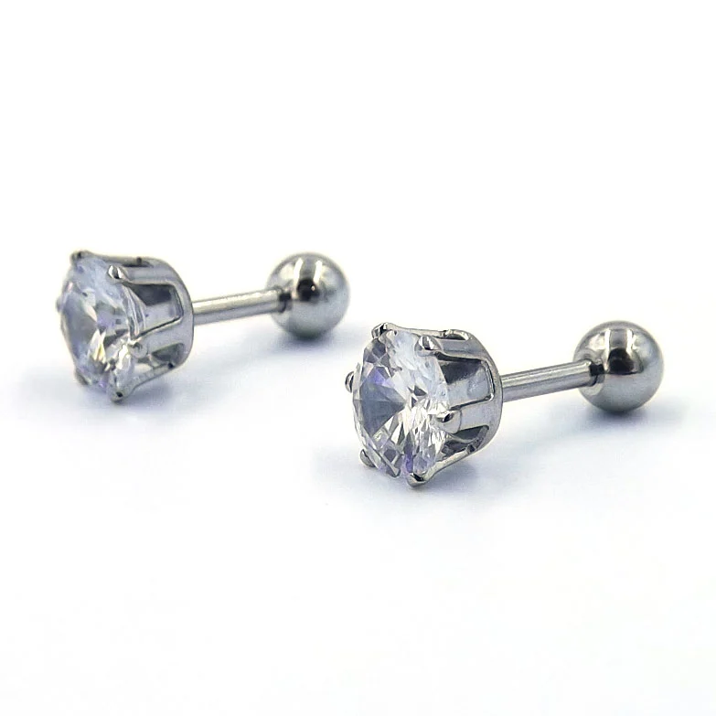 Aretes Acero Plateado Broquel Dormilón Zirconia 6mm