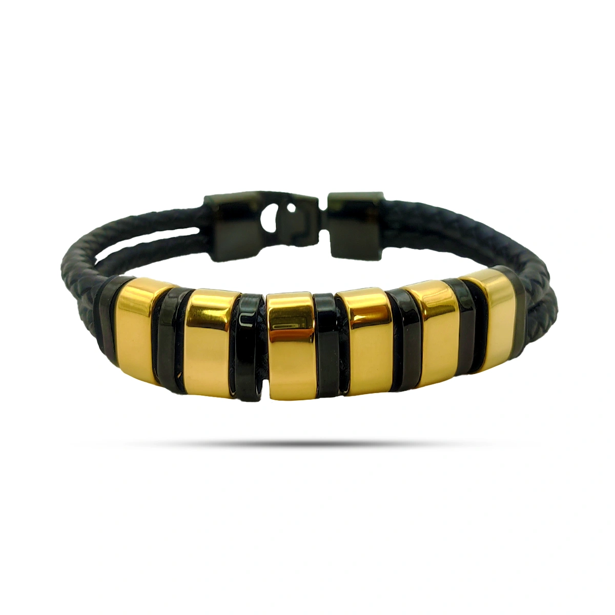 Pulsera Acero Dorado Piel Doble Tira 6 Cuentas Para Grabado