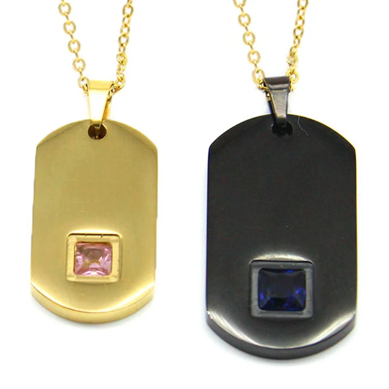 Collar Acero Dorado Placa Para El y Ella Zirconia Cúbica