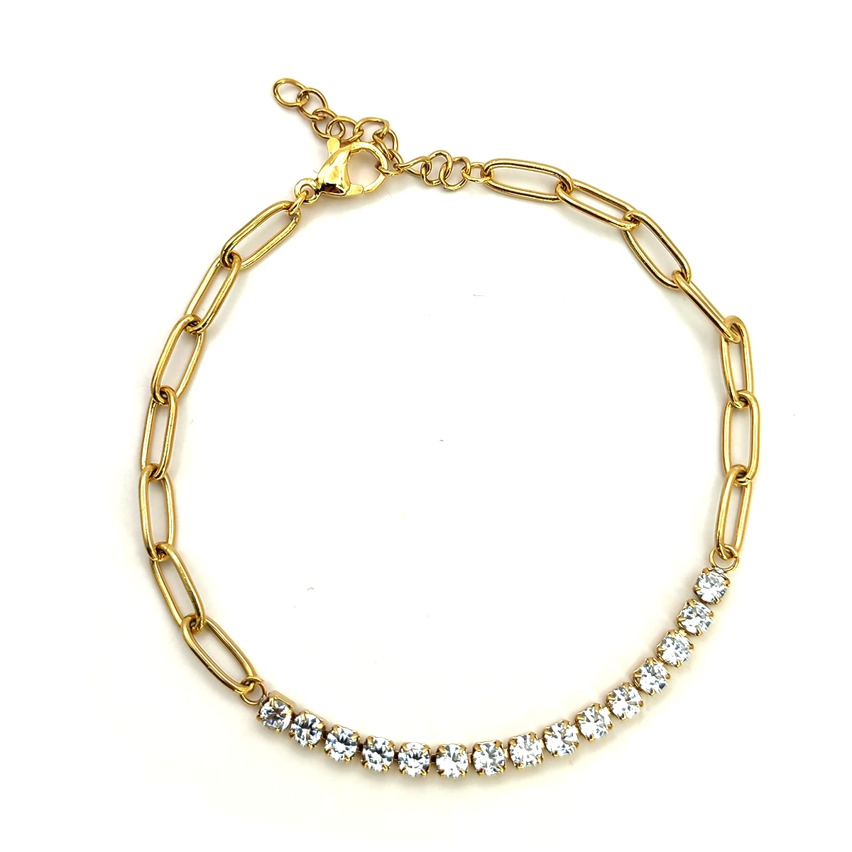 Pulsera Acero Dorado Zirconia Cúbica Eslabón Oval Delgado