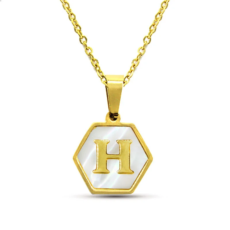 Collar Acero Inox Dorado Hexagonal Letra H Madre Perla