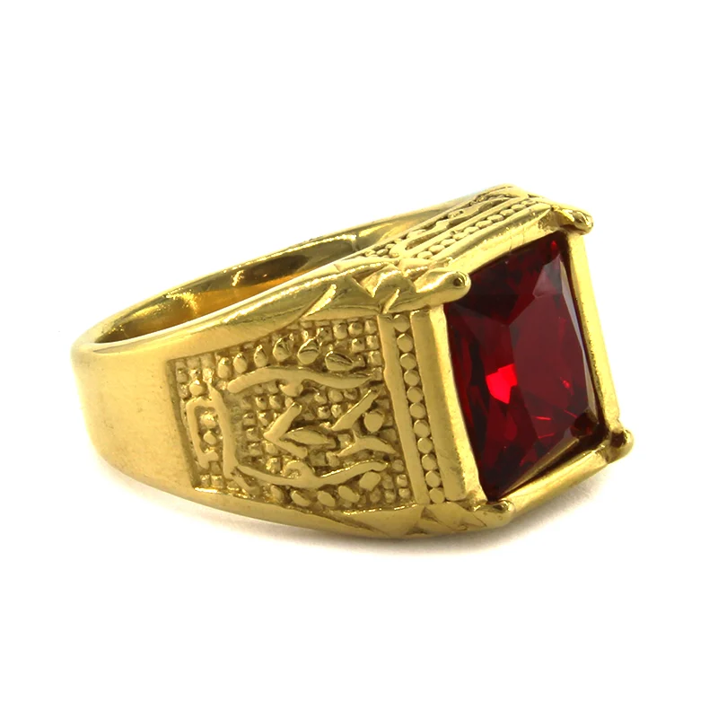 Anillo Acero Dorado Hombre Zirconia Rojo Lux Vintage
