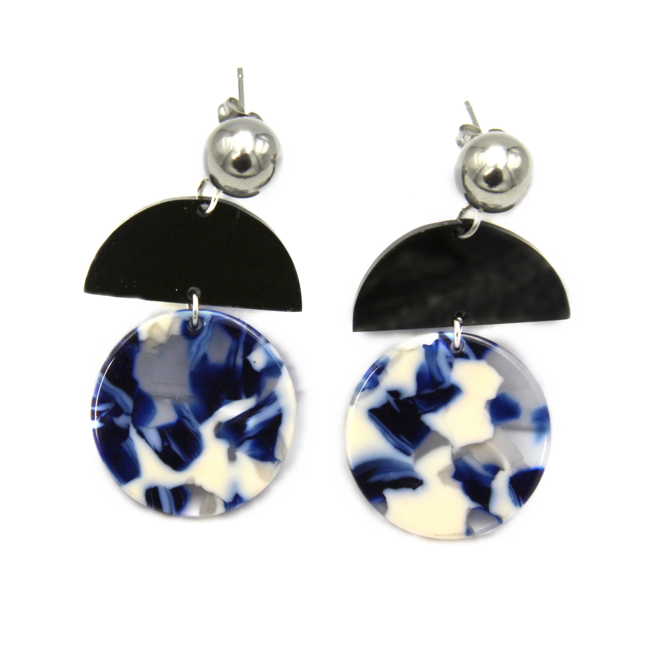Aretes Acero Plateado Circulo Triple Color Marmoleado