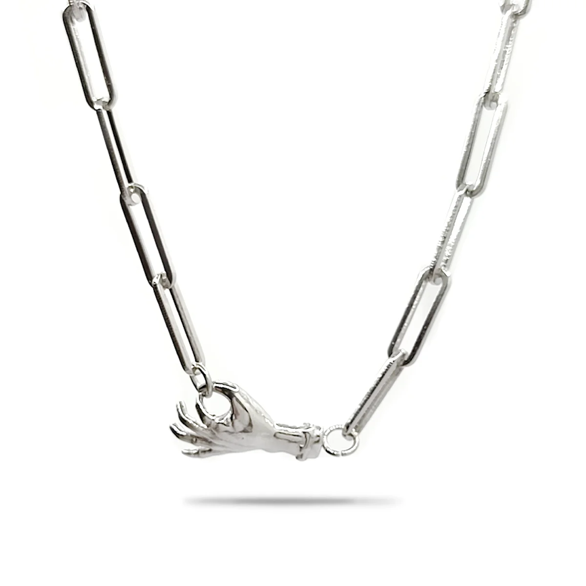 Collar Acero Plateado Choker Eslabon Largo Dije Mano OK
