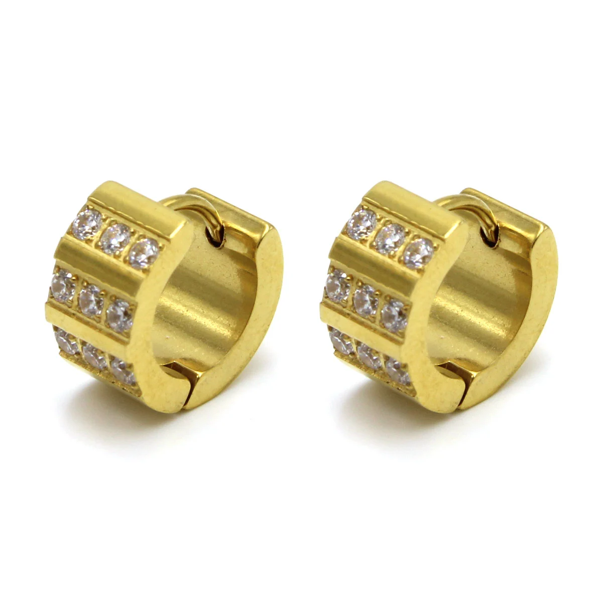 Aretes Acero Dorado Huggies Gruesa Triple Zirconia