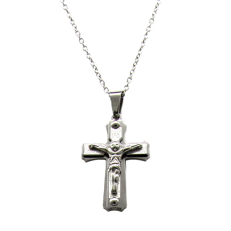 Collar Acero Inoxidable Plateado Cruz Doble Jesús Cristo