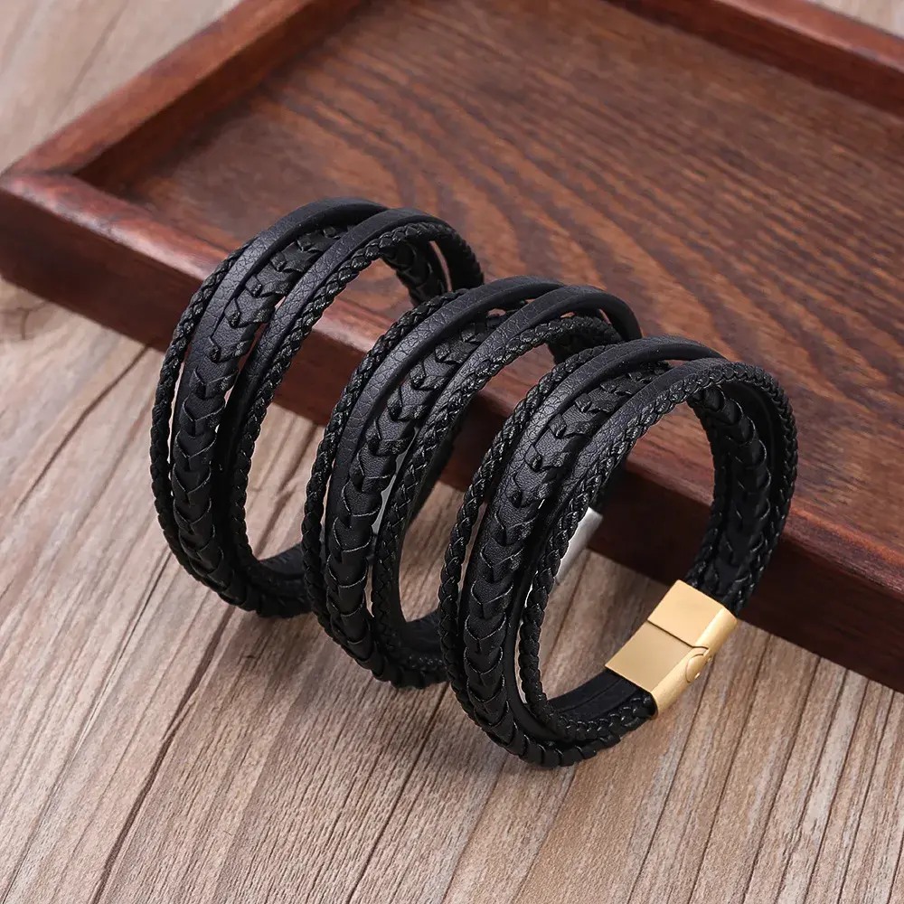 Pulsera Acero Piel Negra Cinco Tiras Tejidas y Lisa