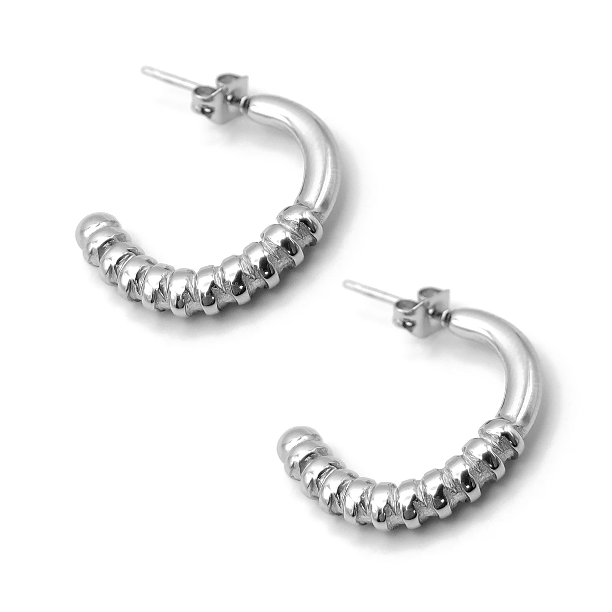 Aretes Acero Plateado Media Cuerda Mitad Lisa 20 mm