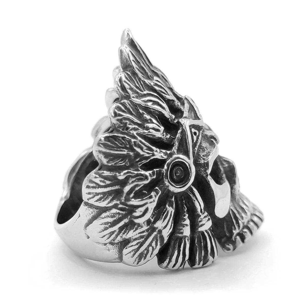 Anillo Acero Plateado Craneo Calavero Penacho Plumas