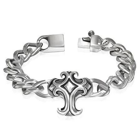 Pulsera Gruesa de Acero Inox Cruz Flor de Liz