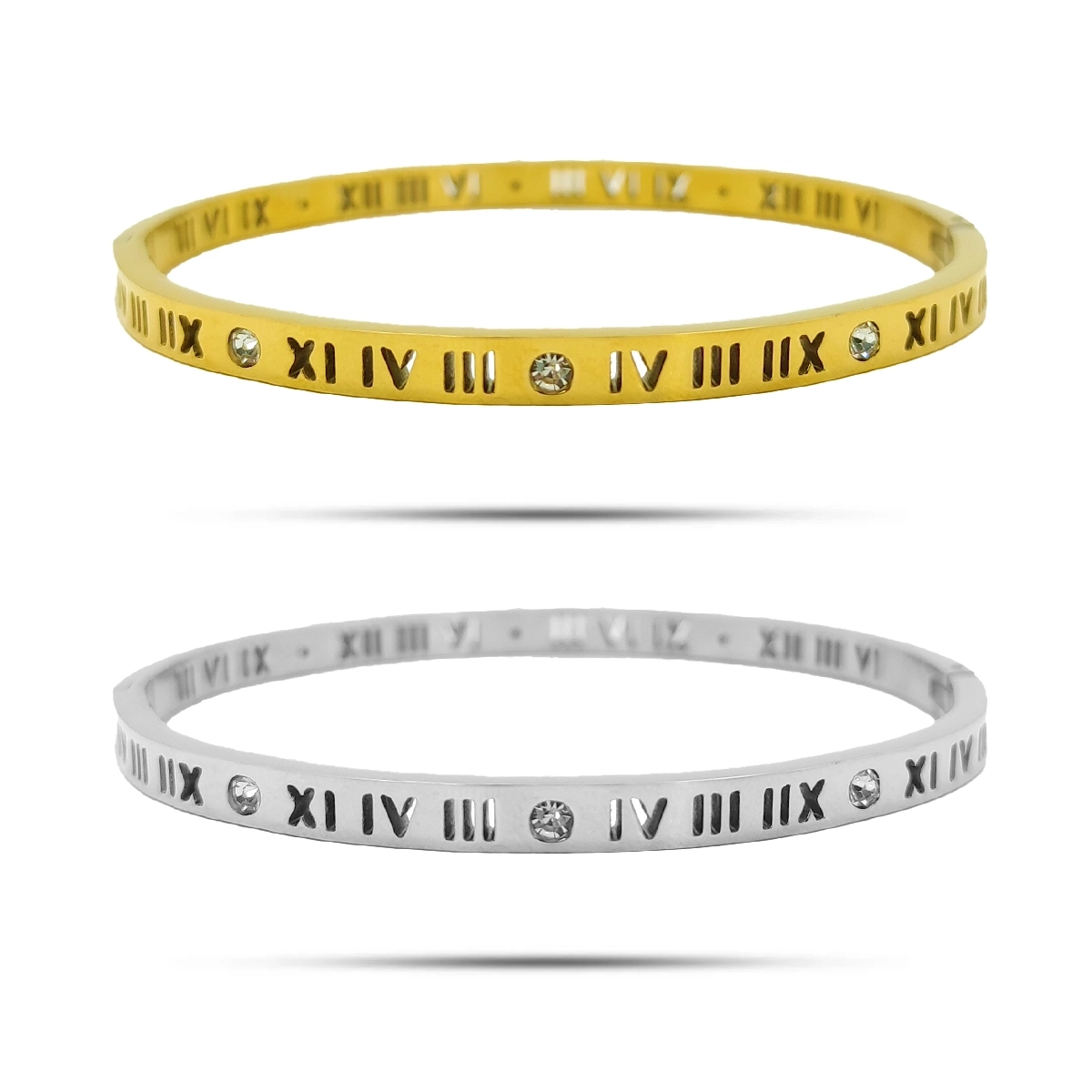 Pulsera Acero Brazalete Numeros Romanos Huecos Cristales