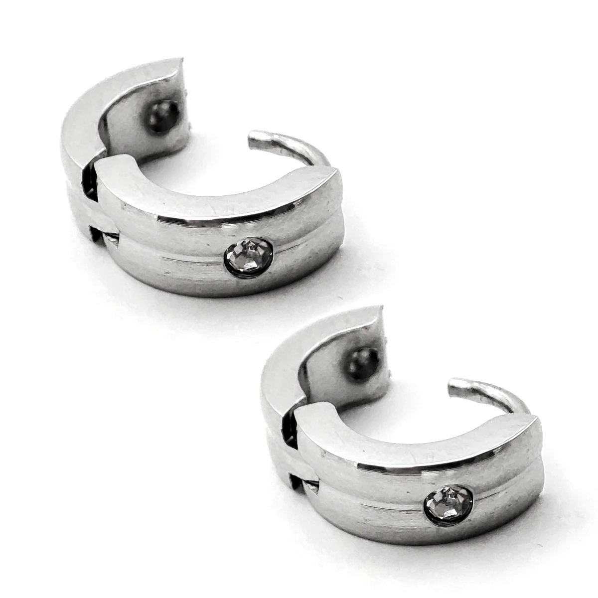 Aretes Acero Plateado Huggies Niña Dos lineas Cristal