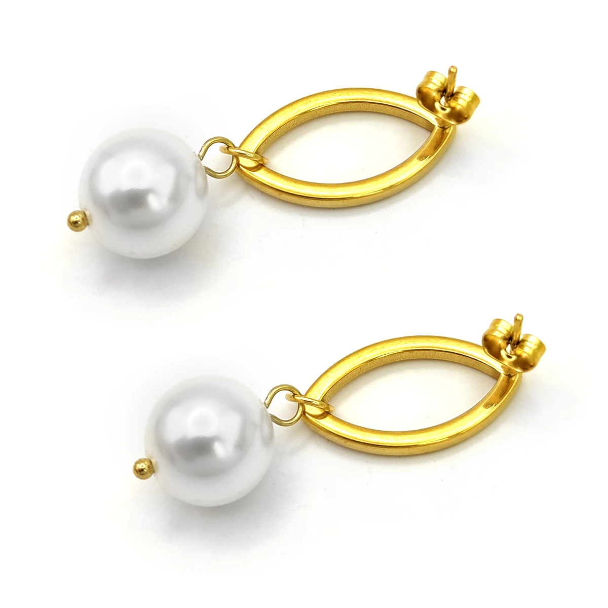 Aretes Acero Dorado Figura Marquesa Hueca Colgante Perla