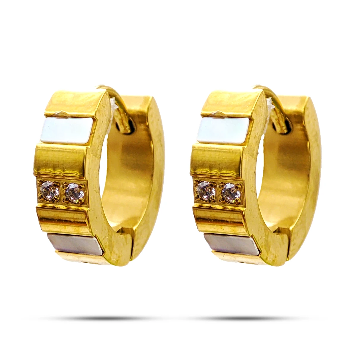 Aretes Acero Dorado Huggies Bandas Madre Perla Cristales