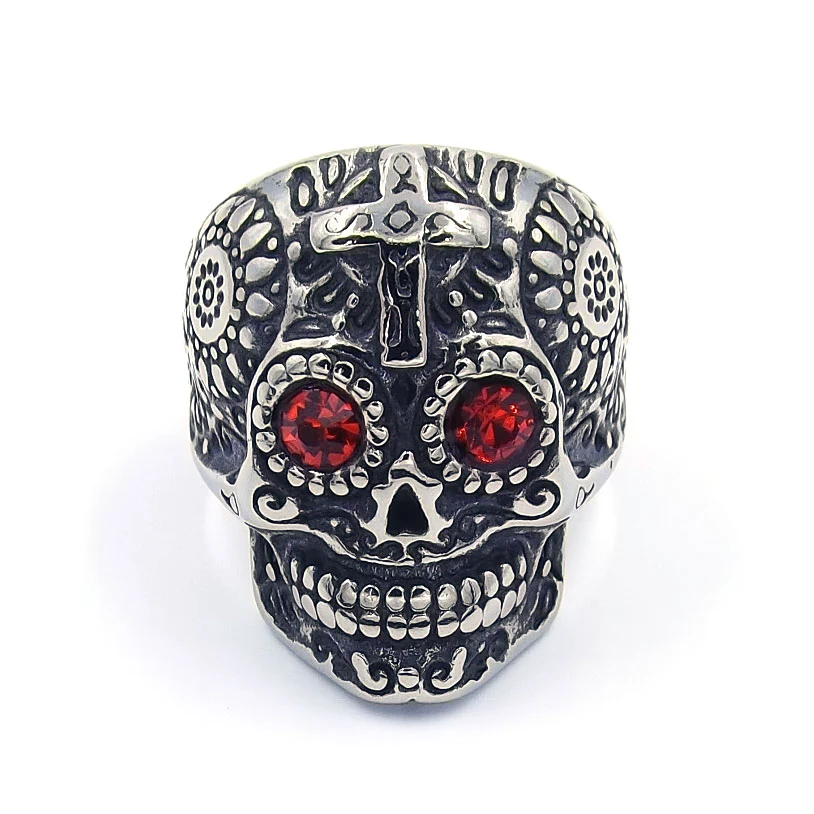 Anillo Acero Plateado Calavera Catrina Ojos de Ruby